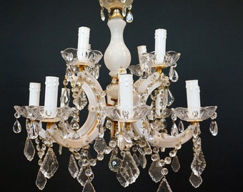 12 bras en porcelaine à prisme en cristal moulé | Lustre Maria Theresa vintage | Lampe d'éclairage suspendue de plafonnier
