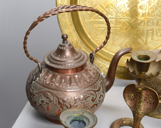 Handmade Fine Hand Engraved Chisel Work Copper Teapot 1885s | Important Tea Kettle tin lined inside