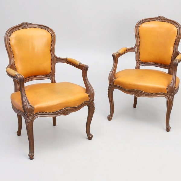 Rococo Yellow Leather Armchair | French Louis XV Cabriolet Carved Rococo Armchair, 1800-1900s | Fauteuil