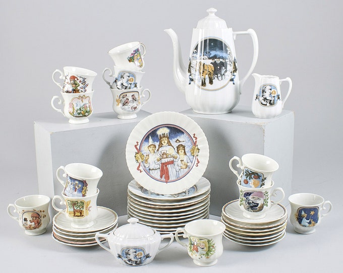 Vintage Christmas tea coffee set  JUL Angelica for 12 persons / Set 39 pcs | 1982 | Swedish Dining Service | Various Artists Paint Designs