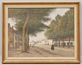 Very Large Antique Oil painting on canvas | Scenery Small Town Scape | Signed Eugen Kampf | Old Painting