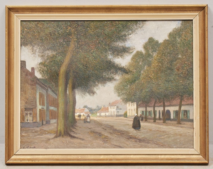 Very Large Antique Oil painting on canvas | Scenery Small Town Scape | Signed Eugen Kampf | Old Painting