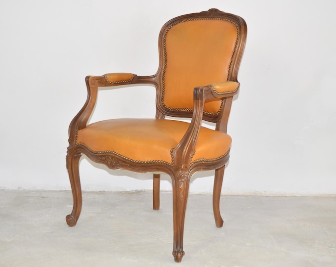 Rococo Yellow Leather Armchair | French Louis XV Cabriolet Carved Rococo Armchair, 1800-1900s | Fauteuil