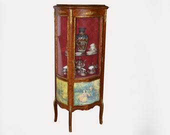 Antique Showcase Glazed French Style Ormolu Mounted Display Cabinet Antike Glass Vitrine Mostrador Cabine de Exibição Bowfront Curio Cabinet