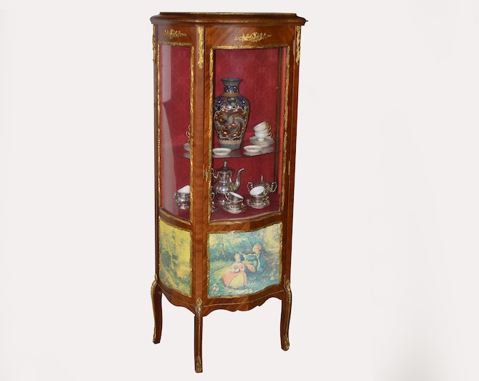 Antique Showcase Glazed French Style Ormolu Mounted Display Cabinet Antike Glass Vitrine Mostrador Cabine de Exibição Bowfront Curio Cabinet