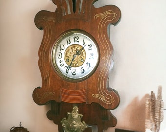 Art Nouveau Wall Clock with Pendulum | Ornate Grandpa Wooden Clock with key
