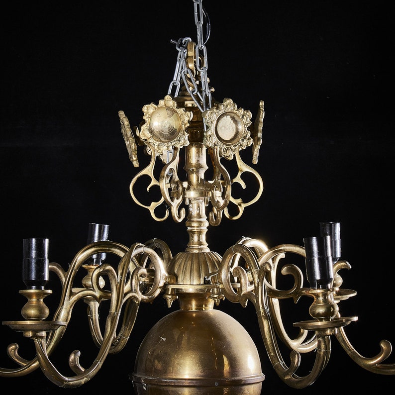 6 Arms Ceiling Light Antique Candelabra Cast Brass Solid Chandelier Pendant Lighting Lamp Mid Century image 1