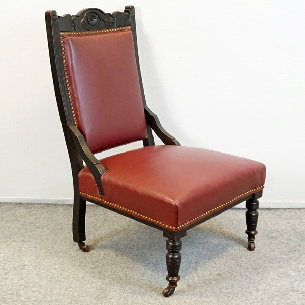 Fauteuil en cuir rouge antique avec chaise | Néo-renaissance des années 1800-1900 | Chaises de style