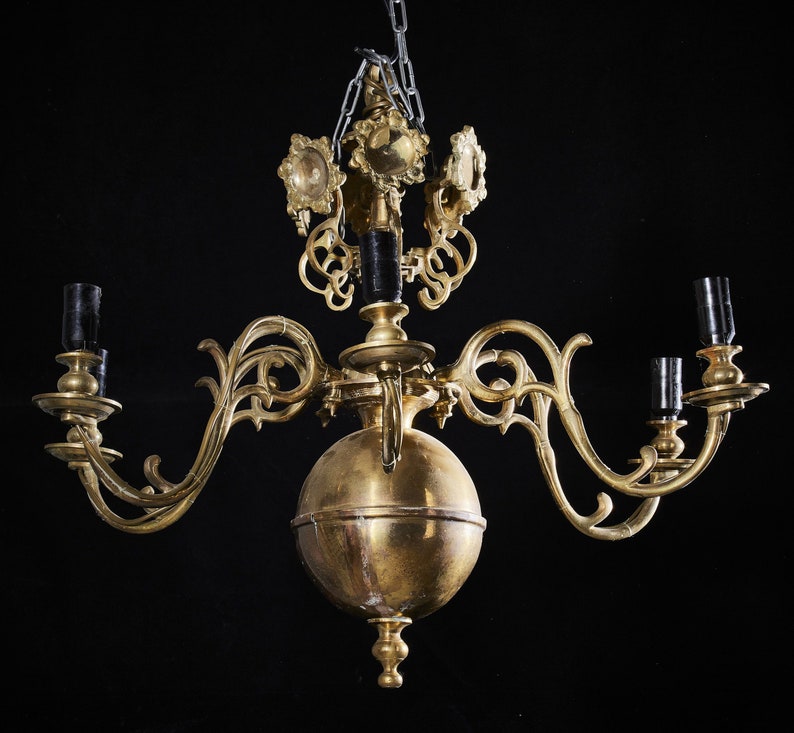 6 Arms Ceiling Light Antique Candelabra Cast Brass Solid Chandelier Pendant Lighting Lamp Mid Century image 3