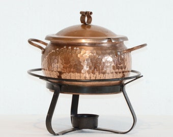 SOLD! Fondue Set | Vintage Hammered Copper Pot w/ Handles, Base Burner & Forged Stand | Chef Cookware