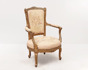 19th century Louis XVI Large Walnut Armchair with Original Petit-Point | Gilded Armchair, 1800s | Fauteuil Chaise de Style Louis XV