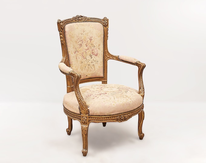 19th century Louis XVI Large Walnut Armchair with Original Petit-Point | Gilded Armchair, 1800s | Fauteuil Chaise de Style Louis XV