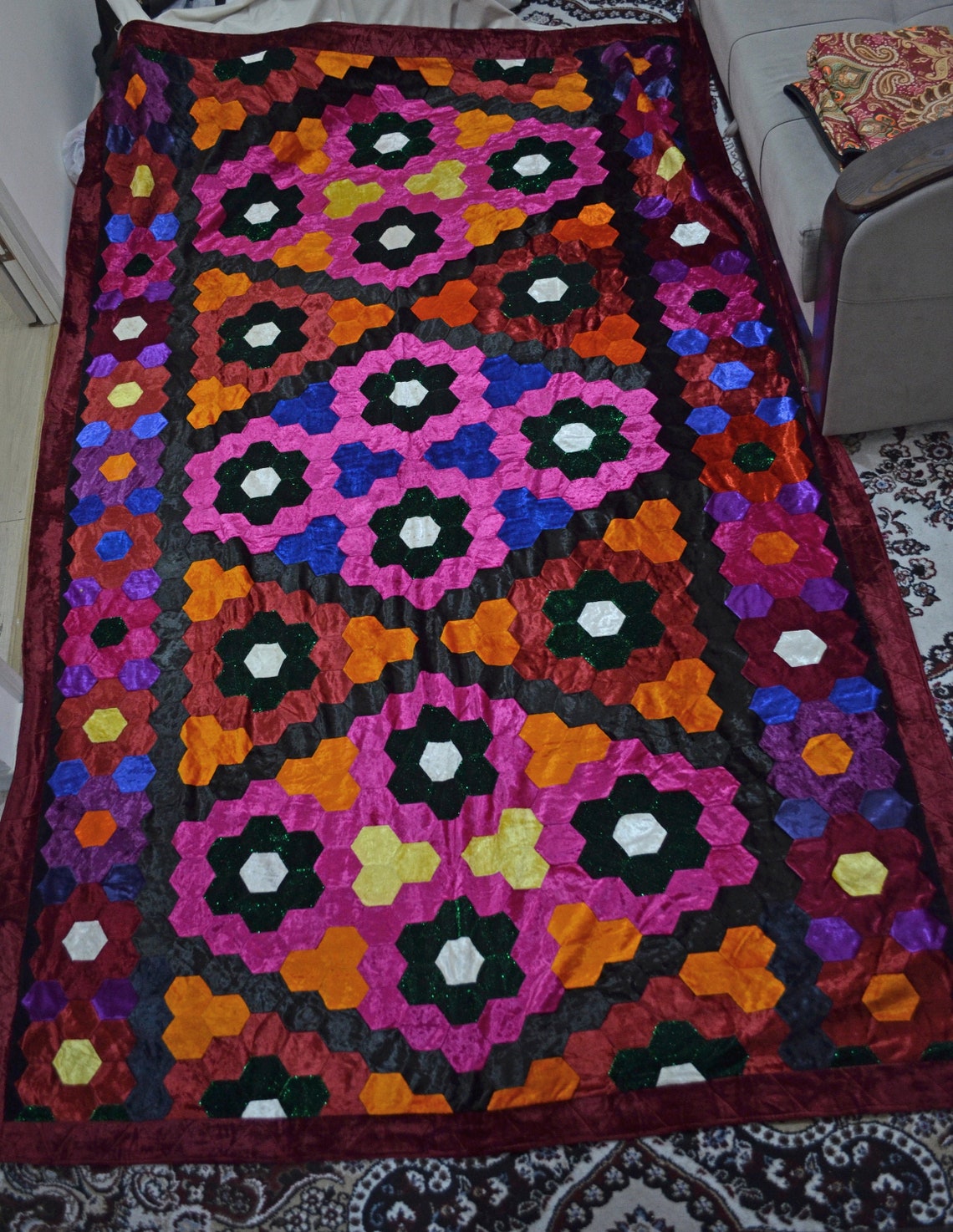 Vintage velvet quilt Handmade patchwork 79' x Etsy