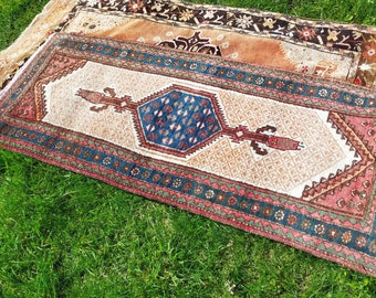Kurdish Serab Koliai Persian Handmade wool Rug | Sarab Runner Rug with Brown, Cream and Blue Geometric Medallions  | Oushak Rug |
