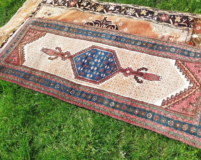 Kurdish Serab Koliai Persian Handmade wool Rug | Sarab Runner Rug with Brown, Cream and Blue Geometric Medallions  | Oushak Rug |