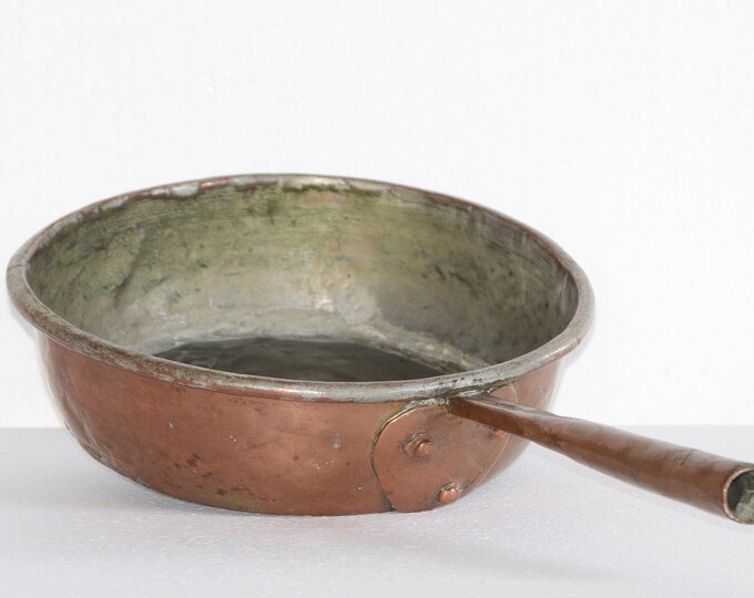 Big and  Heavy Pan Antique Long Handled Copper Tin Lined Skillet | Saute Copper Deep Frying Pan Chef Cookware | Rustic Decor | 12 inches