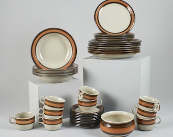 Vintage Swedish Ceramic Dining Service 25 pcs |  Dinner Set "ANNIKA" by Rörstrand, Design by Marianne Westman in 1960s, Beige Brown Orange