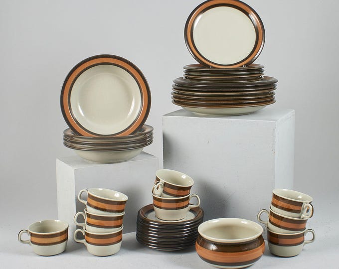 Vintage Swedish Ceramic Dining Service 25 pcs |  Dinner Set "ANNIKA" by Rörstrand, Design by Marianne Westman in 1960s, Beige Brown Orange