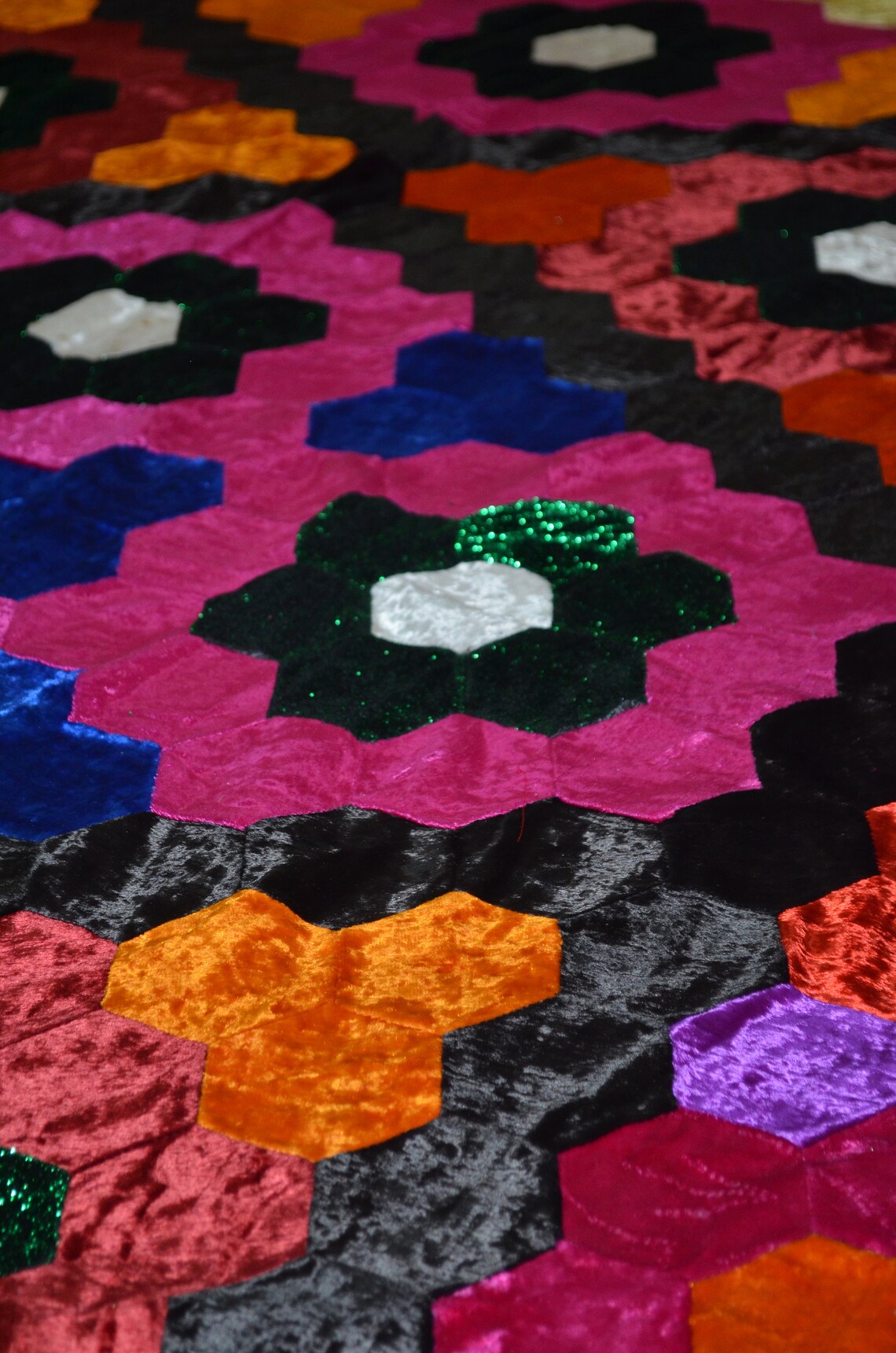 Vintage velvet quilt Handmade patchwork 79' x Etsy