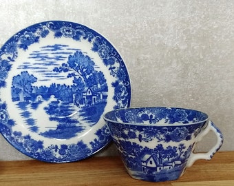 Set of 3 PCS Coffee Tea Cup and Saucer | Blue Porcelain Ceramic Cup and Saucer with a pastoral motif