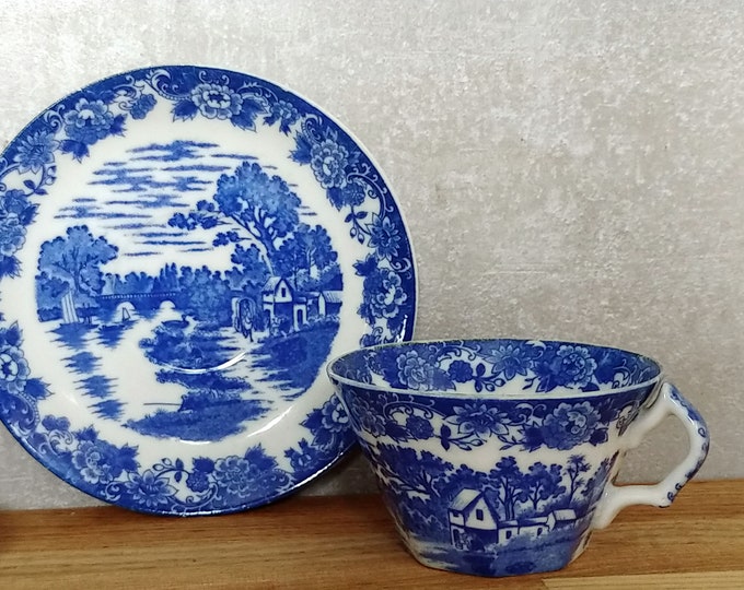 Set of 3 PCS Coffee Tea Cup and Saucer | Blue Porcelain Ceramic Cup and Saucer with a pastoral motif