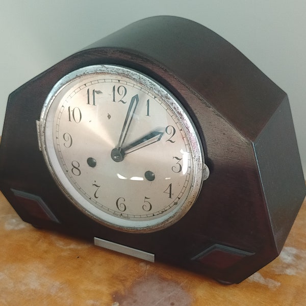 Refurbished in dark brown | Beautiful Oak Wood Art Deco  Vintage Mechanical Mantle Clock Pendulum with Chimes Mechanical Mantle