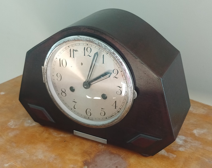 Refurbished in dark brown | Beautiful Oak Wood Art Deco  Vintage Mechanical Mantle Clock Pendulum with Chimes Mechanical Mantle