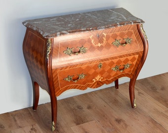 Rococo Two Drawer Marquetry Inlaid Kingwood | Vintage Marble Top Hall Console Chest of Drawers