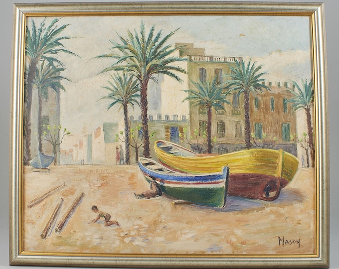 Vintage Oil painting on canvas 1952s | Sitges, Spain | Signed Mats Mason | Old Painting