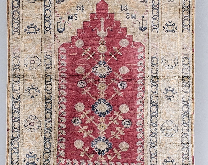 Vintage Silk Pray Carpet 1900s | 89x135cm  100% Handmade oriental Rug 1900s | Muslim Prayer Rug | Nomadic Rug