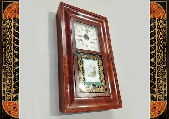 Antique Waterbury Wall Clock 1860s Rectangular W/ Pendulum