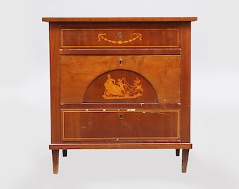 Antique Empire Chest of Drawers in West Indies Mahogany with Mythological Scenes Marquetry Inlaid Kingwood | Top Hall Console