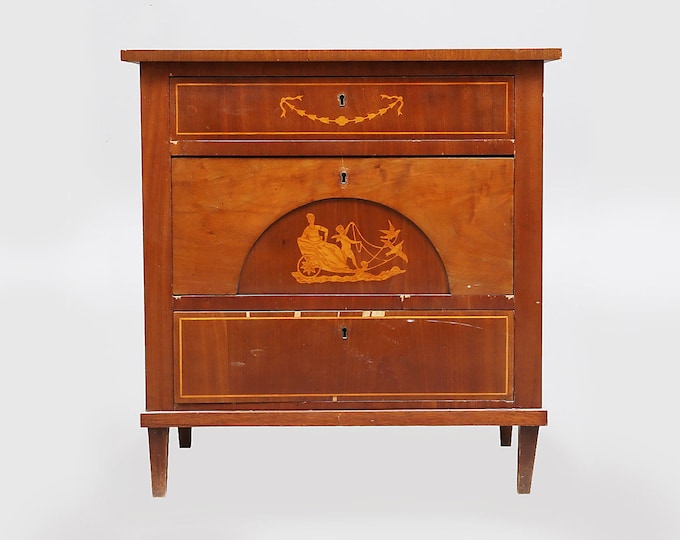 Antique Empire Chest of Drawers in West Indies Mahogany with Mythological Scenes Marquetry Inlaid Kingwood | Top Hall Console