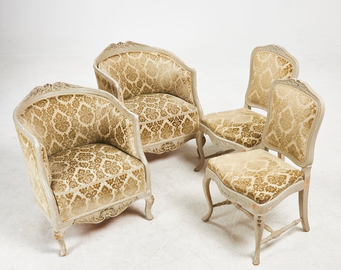 French Louis XV Rococo Style Lounge Chair Settee Bergere and Chair Set of 4