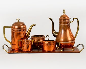 OH LAGERSTEDT Scandinavian Vintage Tea Coffee Service 6 pcs | Art Nouveau | 1920s | Copper and Brass | 1900s Copral Copper Set of 6