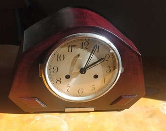 Refurbished in dark brown | Beautiful Oak Wood Art Deco  Vintage Mechanical Mantle Clock Pendulum with Chimes Mechanical Mantle