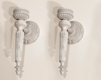 SALE Vintage Wall Light Sconce Bra Set of 2 | Made of yellow metal, painted in light grey