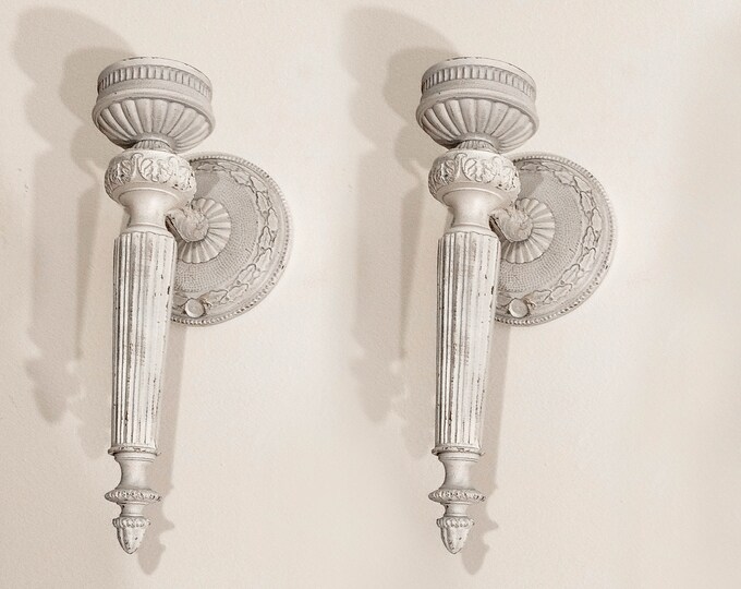 SALE Vintage Wall Light Sconce Bra Set of 2 | Made of yellow metal, painted in light grey