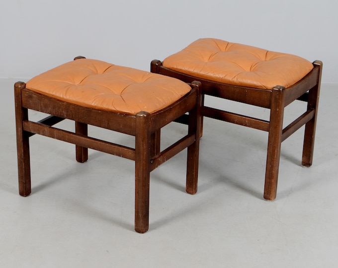 Vintage 1960s Ottoman Leather Padded Stool | Mahogany Ottoman Bench