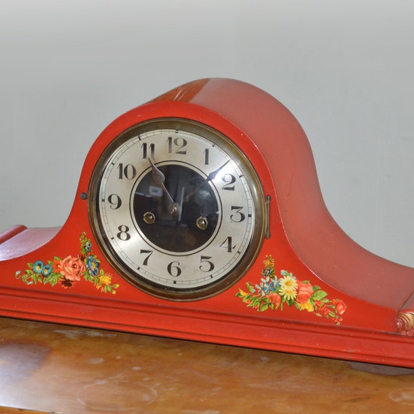 Large Gustav Becker Vintage Mechanical Mantle Clock Chiming Two Gongs Mantle Clock | Art Deco G.B. Mechanical Mantle Chimes Clock with Key