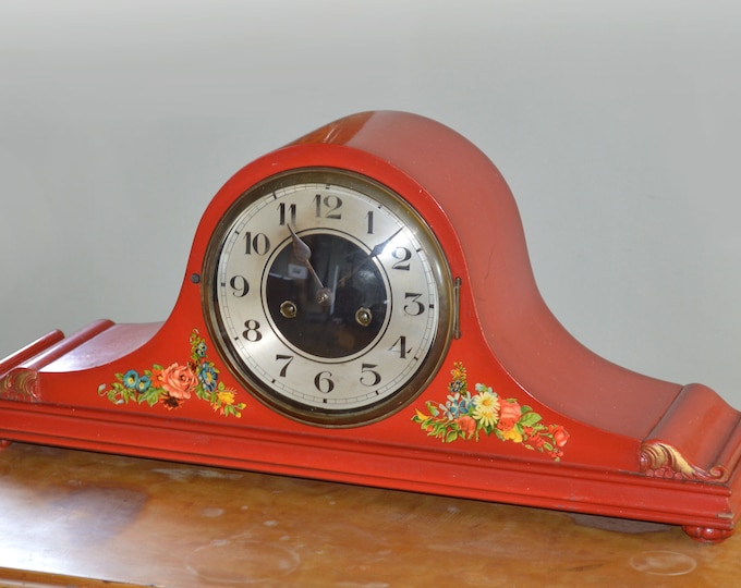 Large Gustav Becker Vintage Mechanical Mantle Clock Chiming Two Gongs Mantle Clock | Art Deco G.B. Mechanical Mantle Chimes Clock with Key