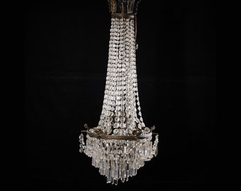 SOLD | Antique Gilded Empire Chandelier Balloon Tent 1900s Handmade Beveled Crystals Cast Ornaments 35 inch drop Basket Chandelier Beveled