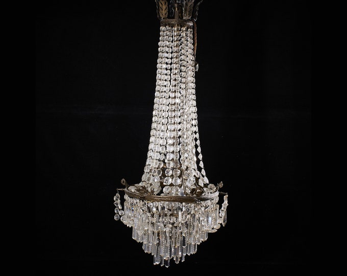 SOLD | Antique Gilded Empire Chandelier Balloon Tent 1900s Handmade Beveled Crystals Cast Ornaments 35 inch drop Basket Chandelier Beveled