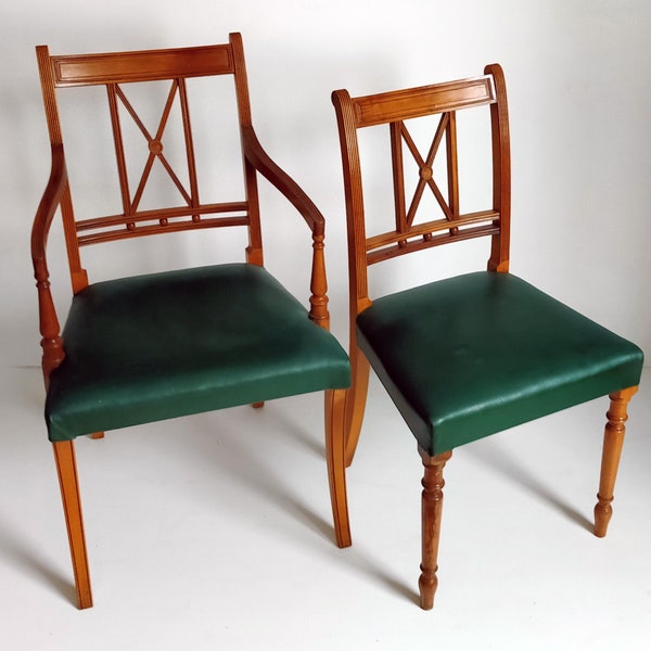 Smaragdgrüner Ledersessel mit Stuhl / England / 1900er Jahre / Chaises de Style