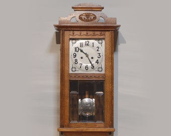 Large Heavy Oak Wood Wall Clock with Pendulum | Ornate Grandpa Wooden Clock