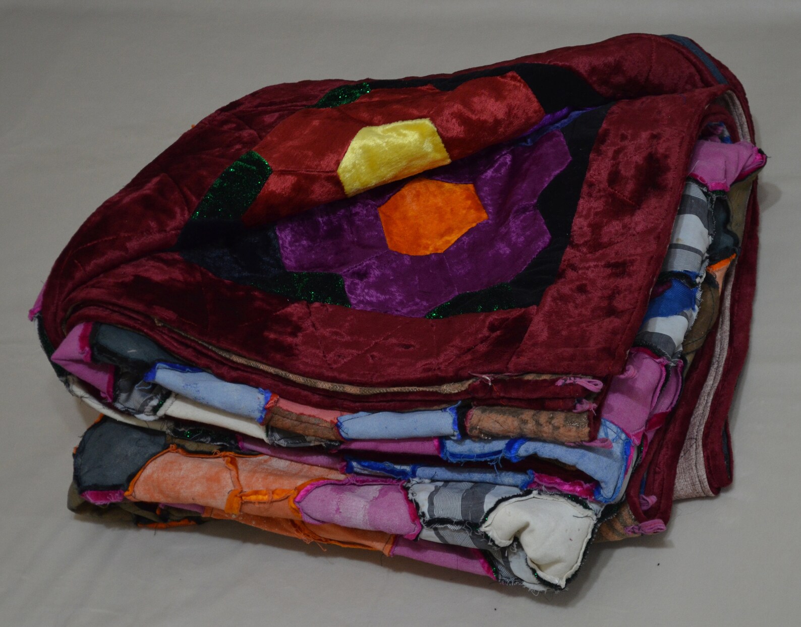 Vintage velvet quilt Handmade patchwork 79' x Etsy