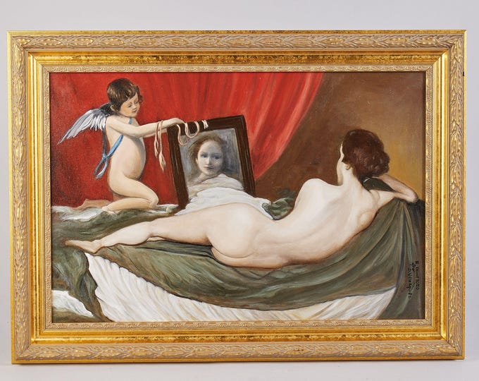 Large Oil painting on canvas | after D. Velasquez Scenery Landscape | Signed Elisabeth Ekwall | 2020 | Gold Frame