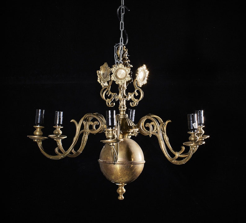 6 Arms Ceiling Light Antique Candelabra Cast Brass Solid Chandelier Pendant Lighting Lamp Mid Century image 2