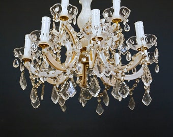 12 Arms Cast Crystal Prism Porcelain | Vintage Maria Theresa Chandelier | Ceiling Light Pendant Lighting Lamp