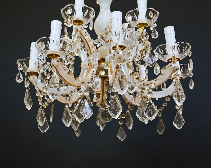 12 Arms Cast Crystal Prism Porcelain | Vintage Maria Theresa Chandelier | Ceiling Light Pendant Lighting Lamp